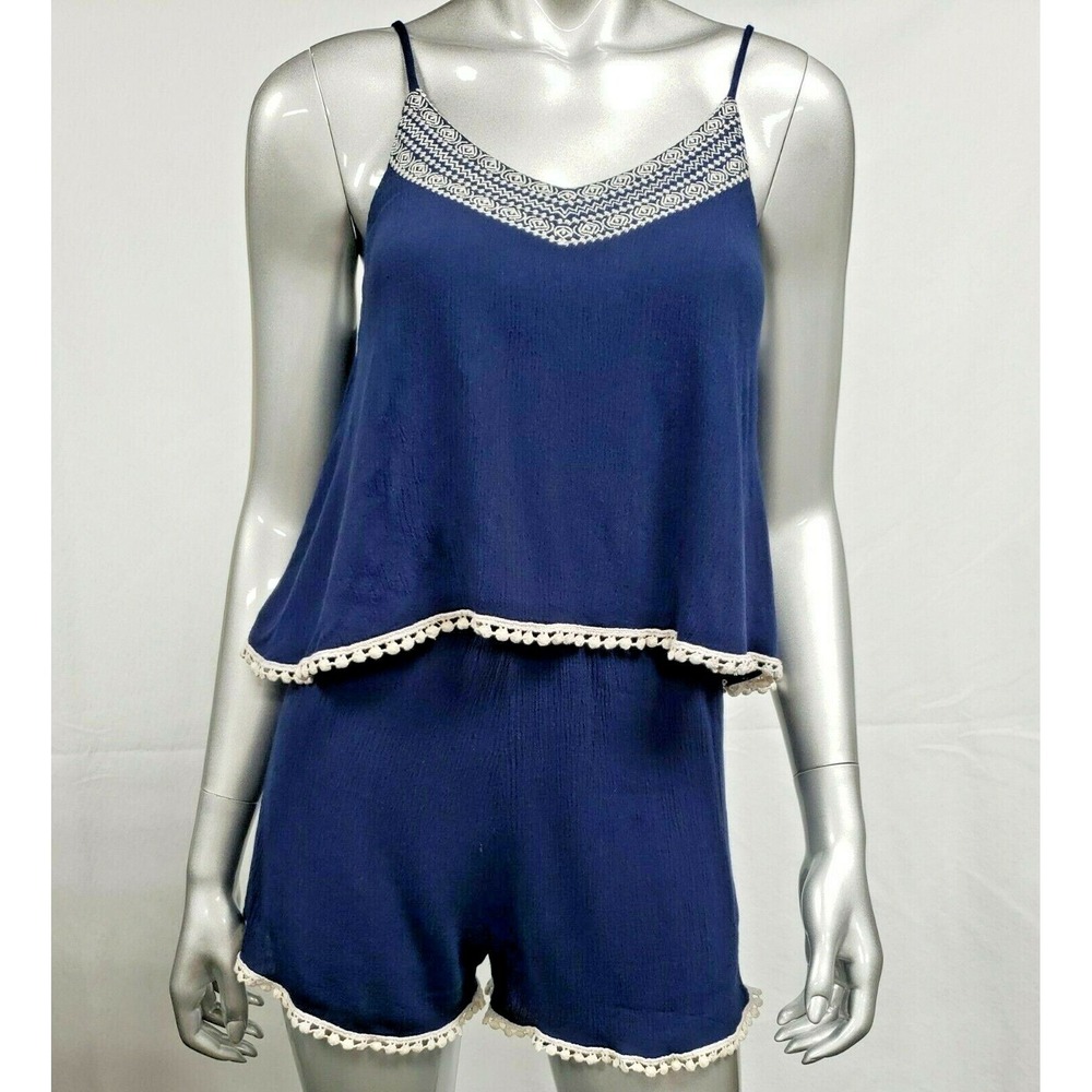 YA Los Angeles Romper Women's Spaghetti Strap Navy White Crochet Trim Small